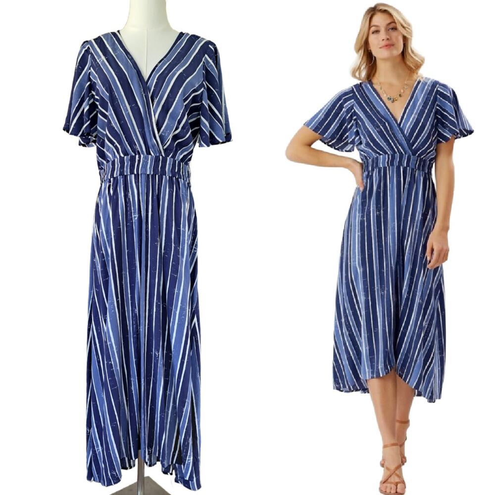 TOMMY BAHAMA Blue Beach Stripe Maxi Dress Small Coastal Casual Short Sleeve